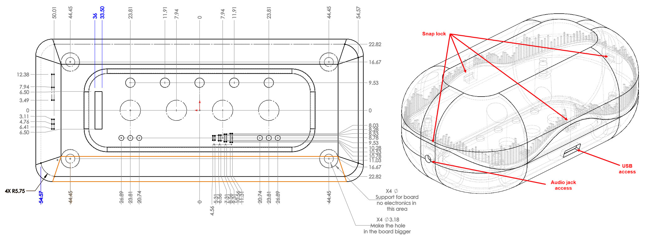 Mini-Curie top and rear technical diagram